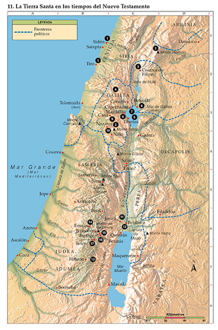 Mapa de la tierra santa y lugares en la época del Nuevo Testamento